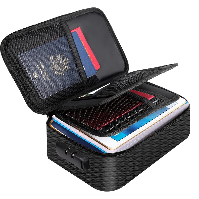 ENGPOW Small Fireproof Storage Case with Lock(9.4'x 5.9'x 3.2')  3-Layer Money Safe Coin Organizer Wallet Bag for Cash Card Passport Check Bill Travel Home Organizer Carrying Case Black - Image 1